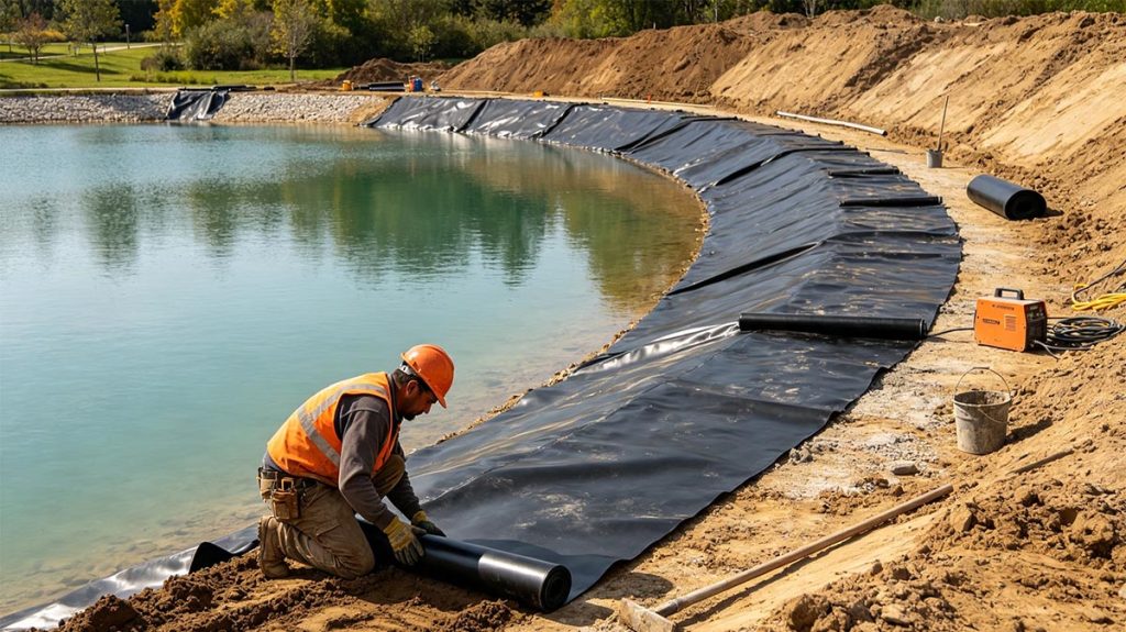 河南人工湖 HDPE 土工膜防渗施工现场