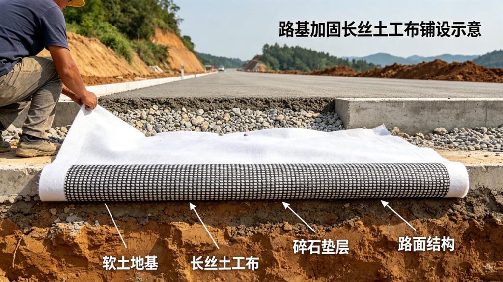 公路路基长丝土工布铺设施工示意图