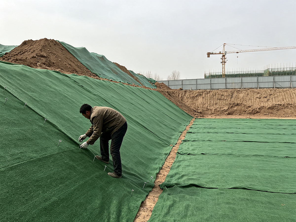 河南工地工人铺设绿色土工布，边坡盖土防尘施工实拍