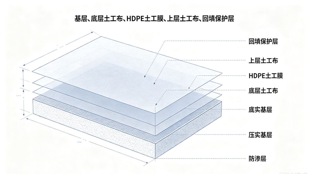 防渗工程布膜复合结构剖面图，底层土工布、HDPE 土工膜、上层土工布分层铺设构造，土工布保护防渗膜，实现滤水隔离