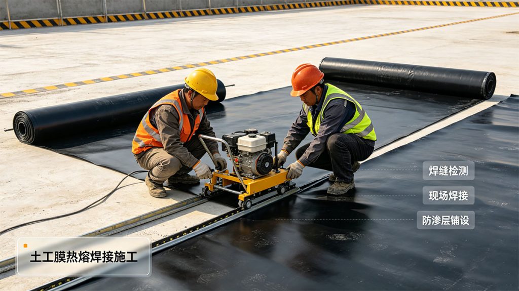 HDPE 土工膜热熔焊接施工现场，工人使用双轨热熔焊机进行防渗膜拼接，适用于垃圾填埋、河道防渗工程施工