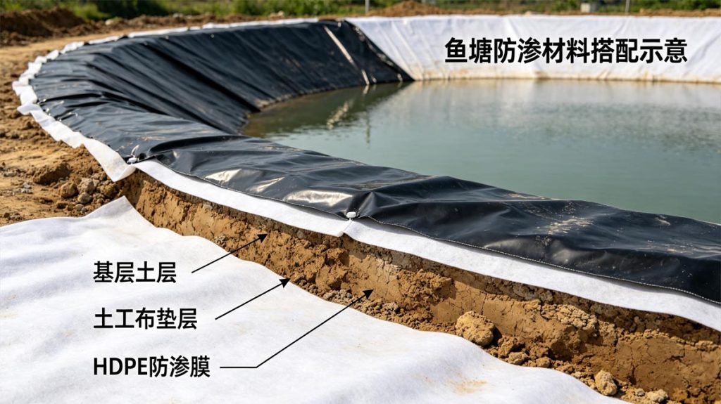 鱼塘土工布 + HDPE 土工膜防渗搭配施工图