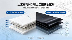 河南郑州土工材料厂家科普土工布与 HDPE 土工膜区别,路基鱼塘人工湖工程选材搭配图解