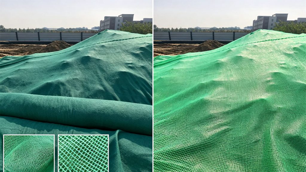 绿色防尘土工布与防尘网材质对比实拍，工地裸土覆盖材料区分参考