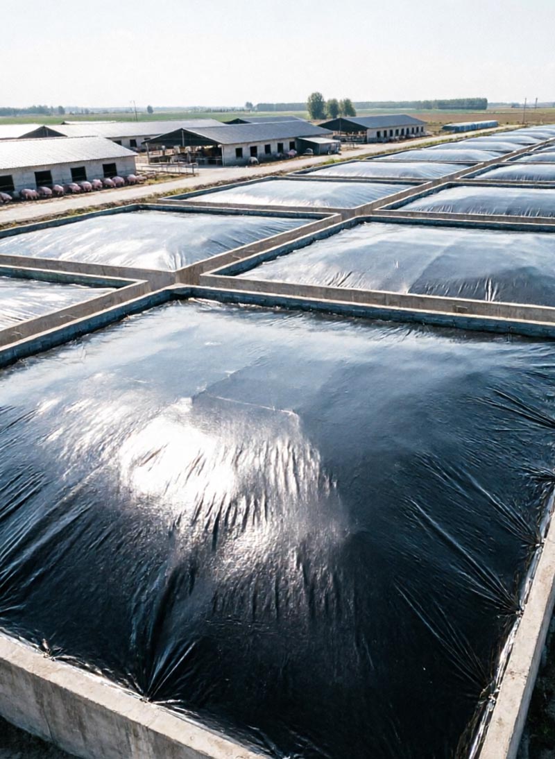 猪场沼气池HDPE土工膜铺设完工实景，黑色防渗膜覆盖池底与边坡